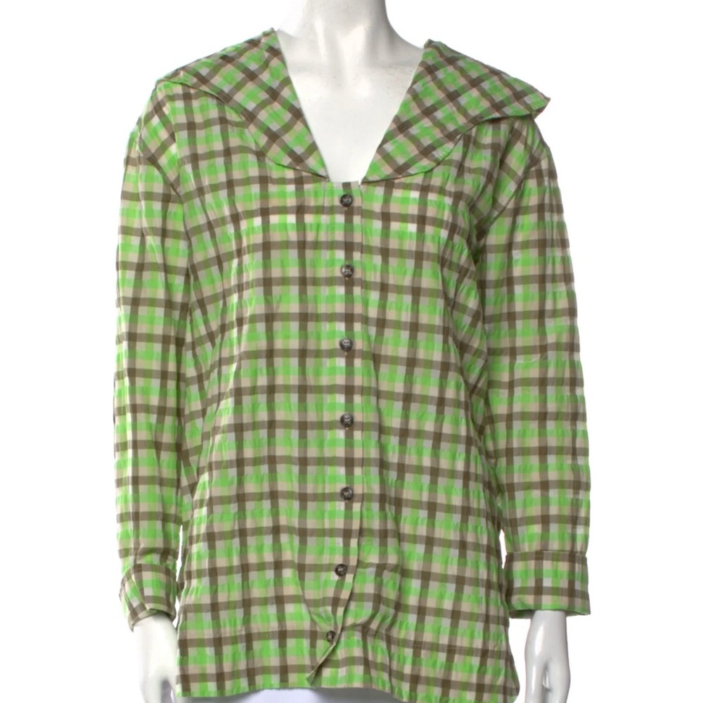 Ganni Plaid Print V-Neck Blouse - green/white/brown